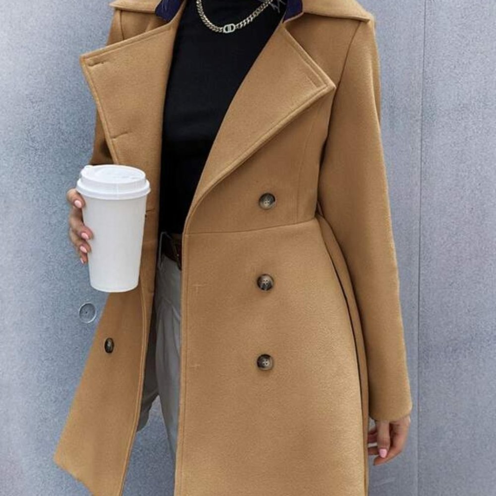 Business Classic Double Breasted Lapel Neck Belted - Picture 5 of 6